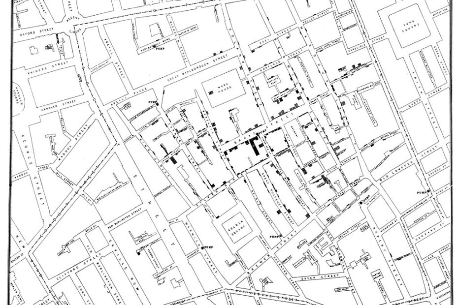 John Snow - 1854 - Cholera Outbreak drawn and printed by C.F. Cheffins
