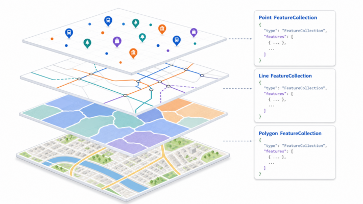 Illustration of a layered web map showing GeoJSON point, line, and polygon feature collections with small JSON code snippets.